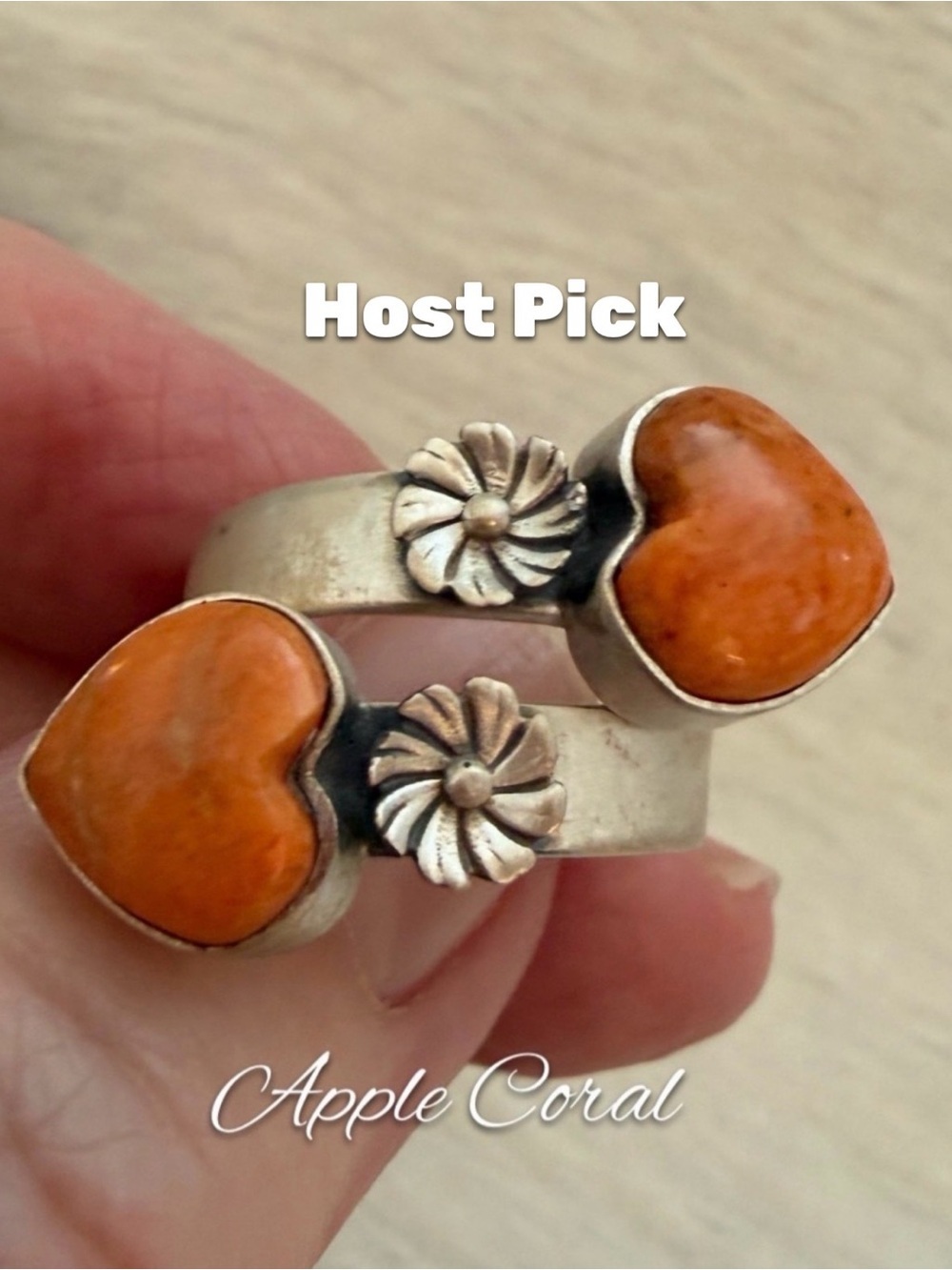❤️ Apple Coral Double Heart Adjustable Floral Concho Sterling Silver ByPass Ring